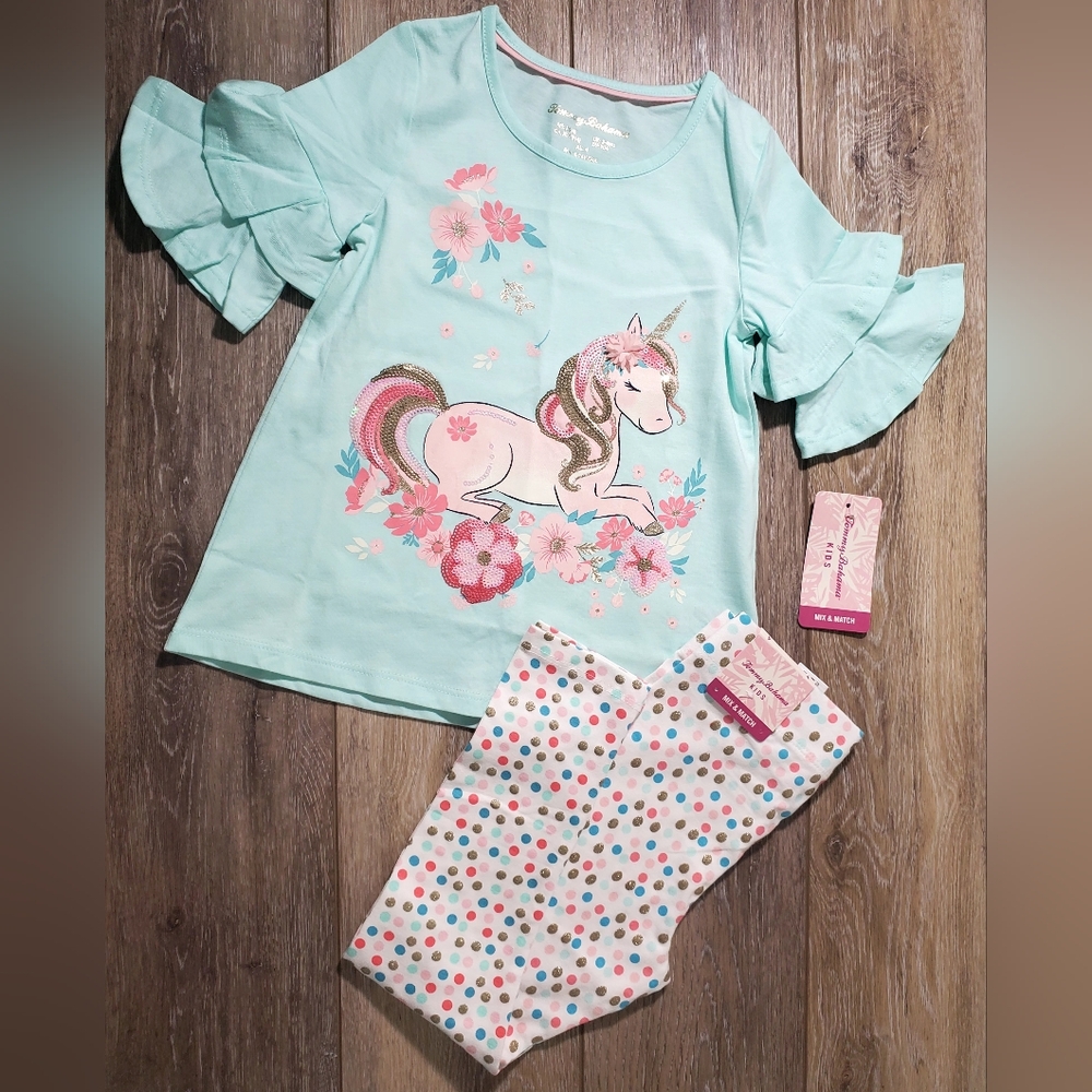 Tommy Bahama 2PC Polka Dot Leggings & Light Teal Unicorn Graphic Top Size 4